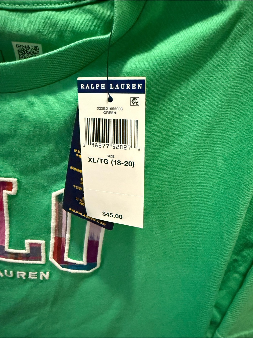 Ralph Lauren Green Tee with Multicolor Embroidered Letters - Picture 2 of 5